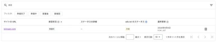 AdSenseのサイト一覧でbringain.comが準備中、ads.txtが不明と表示されている画面