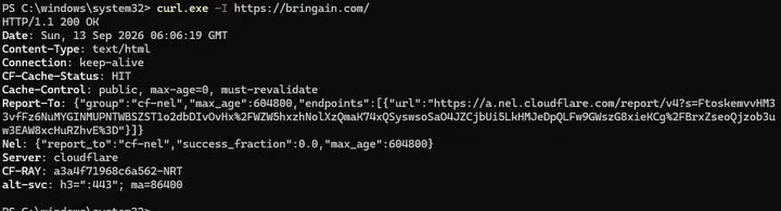 設定前のbringain.comのHTTPレスポンスヘッダー