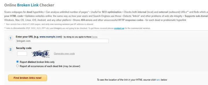 BrokenLinkCheck.comへbringain.comを入力しdistinct broken links onlyを選択した実画面