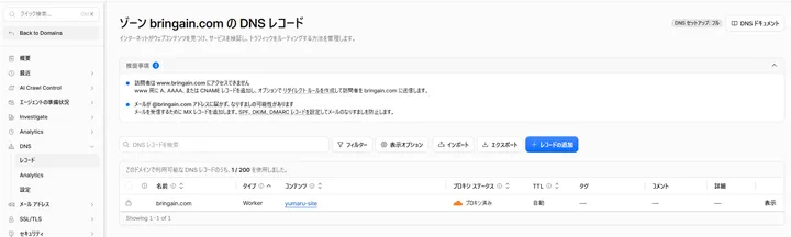 Email Routing設定前のbringain.comのDNSレコード