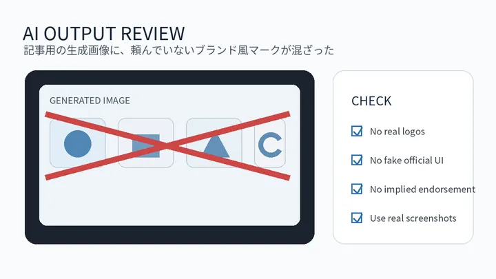 AIが生成した画像を公開前に確認する考え方を表した概念図