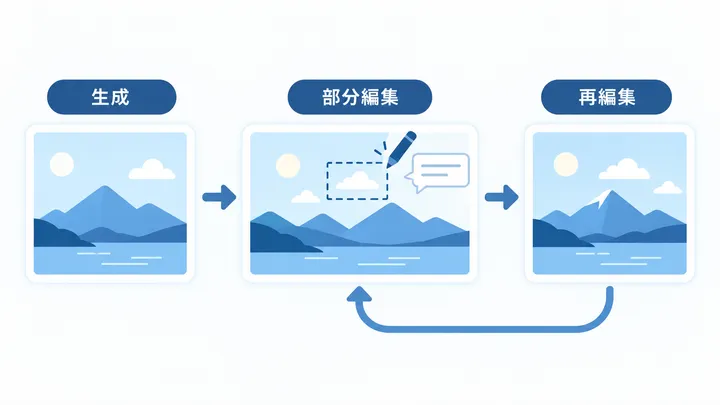 ChatGPT Images 2.5で生成後に部分編集を重ねる流れの概念図