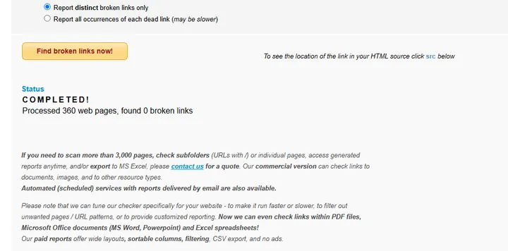 BrokenLinkCheck.comでゆまラボ360ページを処理しbroken link 0件になった実画面