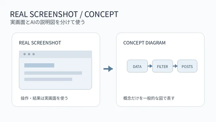 実際のサービス画面とAIの概念図を分けて使う方針を表した図