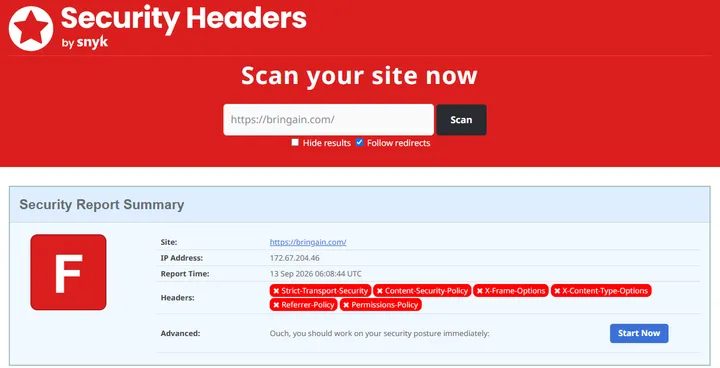 Security Headersで設定前のbringain.comを確認した結果