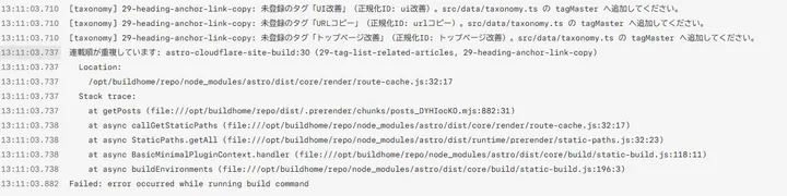 同一連載でseriesOrder 30の重複を検出してビルドが停止したログ