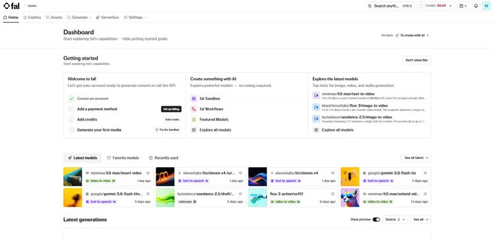 fal.ai登録直後のDashboard