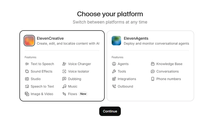 ElevenLabsでElevenCreativeを選択する登録画面