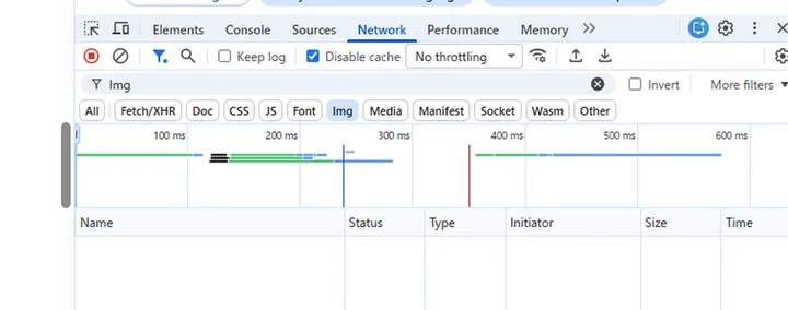 画像最適化前のChrome DevTools Network画面を拡大した画像
