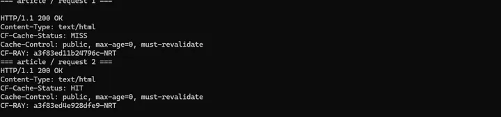 同じ記事URLを2回取得して1回目MISS、2回目HITを確認したPowerShell画面