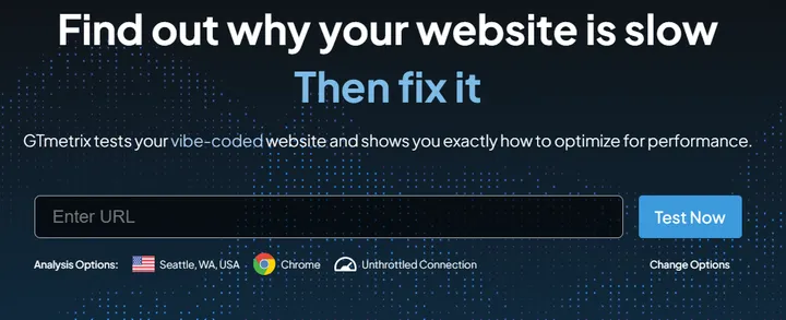 GTmetrixでSeattle、Chrome、Unthrottled Connectionを選択した測定条件