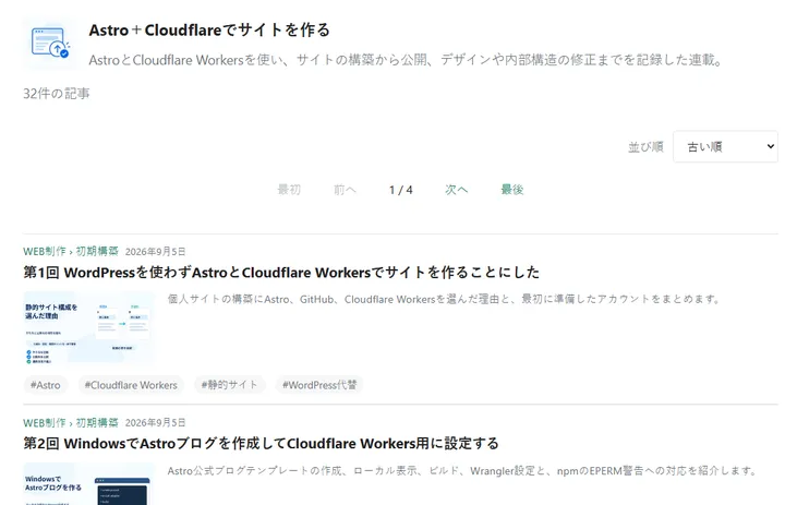 修正前の連載詳細で記事が一覧表示されている画面