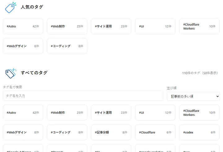 修正後のタグ一覧。人気タグと検索・並び替えを備えたカード表示