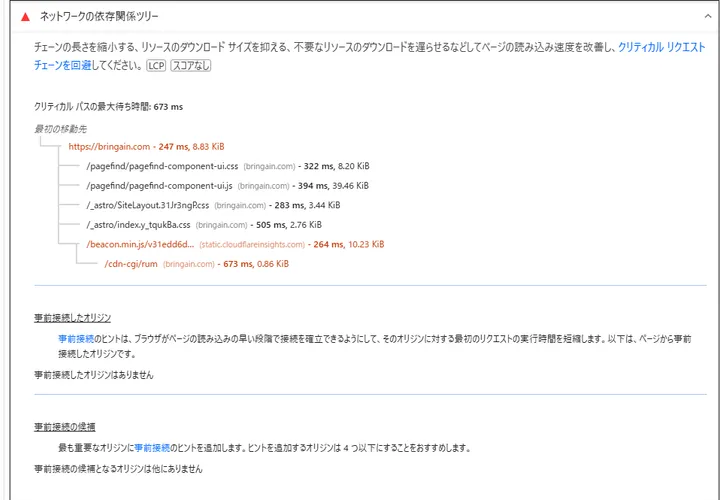 修正前のネットワーク依存関係ツリーにPagefind CSSとJavaScriptが表示されている画面