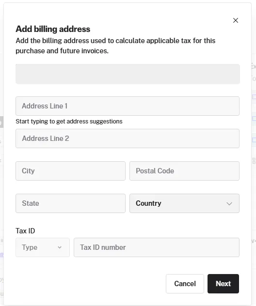 fal.aiのBilling address入力画面。個人名は公開用にマスク済み