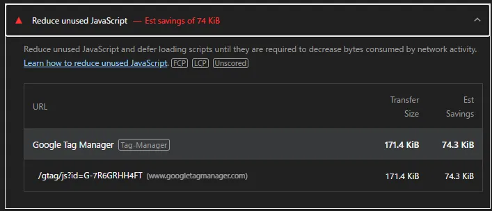 LighthouseでGoogle Tag Managerの未使用JavaScript 74.3 KiBを確認した画面