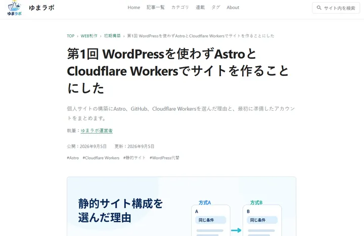 修正前の記事ページで「第1回」から始まるタイトルが表示されている状態