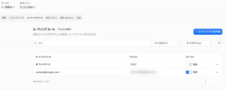 contact@bringain.comのルーティングルールが有効になった状態
