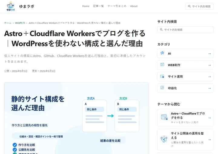 修正後の記事タイトルと右側の共通サイドバー