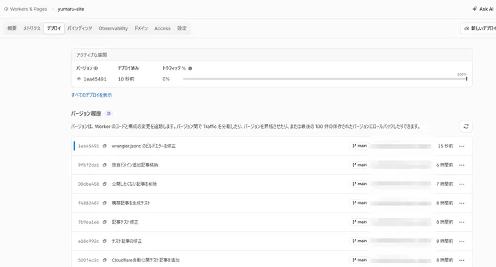 Cloudflare Workersのデプロイ履歴