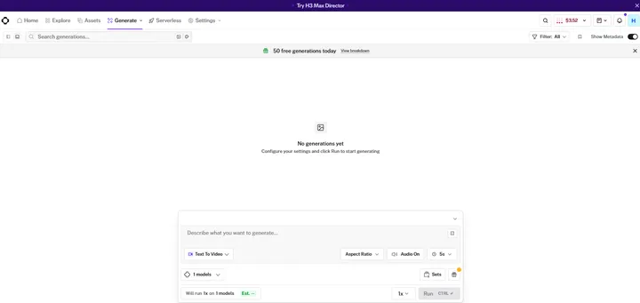 fal.ai Sandboxで当日の無料生成枠が表示されている画面