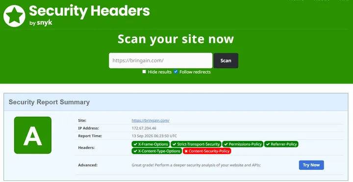 セキュリティヘッダー設定後にSecurity HeadersでA評価になった画面