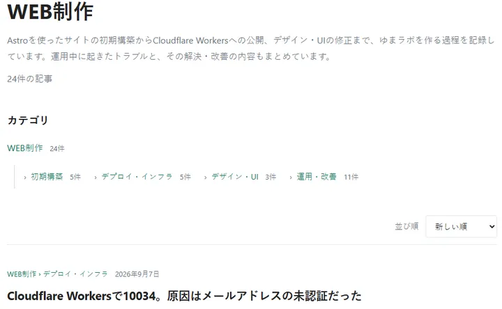 WEB制作カテゴリの記事一覧へ並び替えを追加した状態