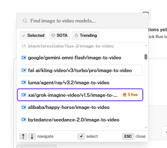 fal.ai Sandboxのモデル一覧でGrok Imagine Video 1.5に5 freeが表示されている画面