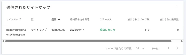 Search Consoleでsitemap.xmlが成功し112ページ検出されている画面