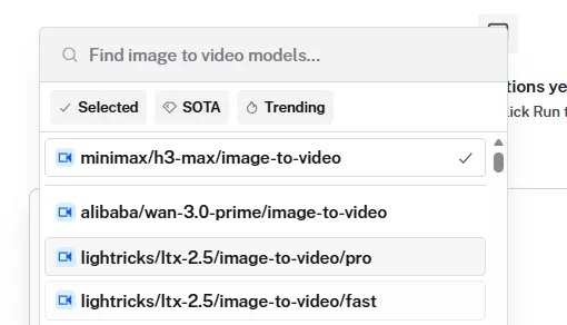 fal.ai SandboxでH3 Maxを選択したときのモデル一覧