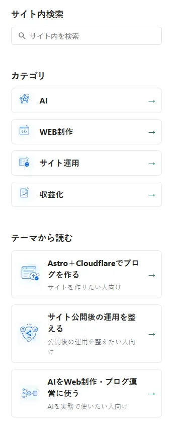 共通サイドバーのサイト内検索、カテゴリ、テーマから読む